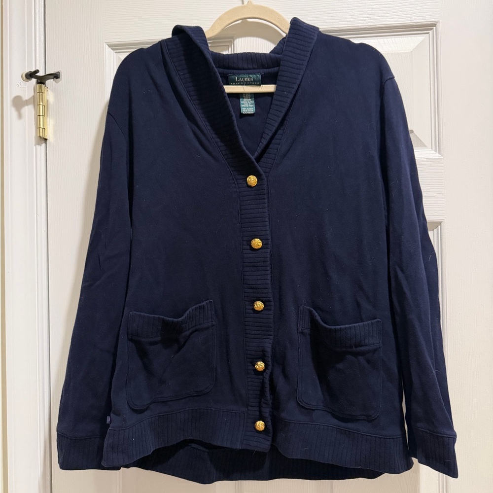 Lauren Ralph Lauren Womens Sweater Cardigan Size Large Navy Blue Shawl Collar